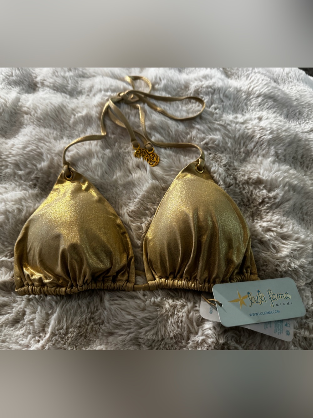 Luli Fama Shimmering Gold Triangle Bikini Top Sz M
